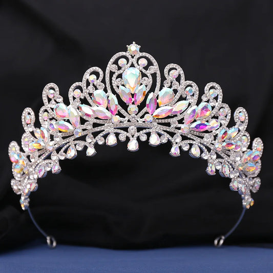 Luxury AB Color Crystal Pearls Royal Queen Wedding Crown Water Drop Bridal Diadem Pageant Headdress Bride Tiara Hair Accessories