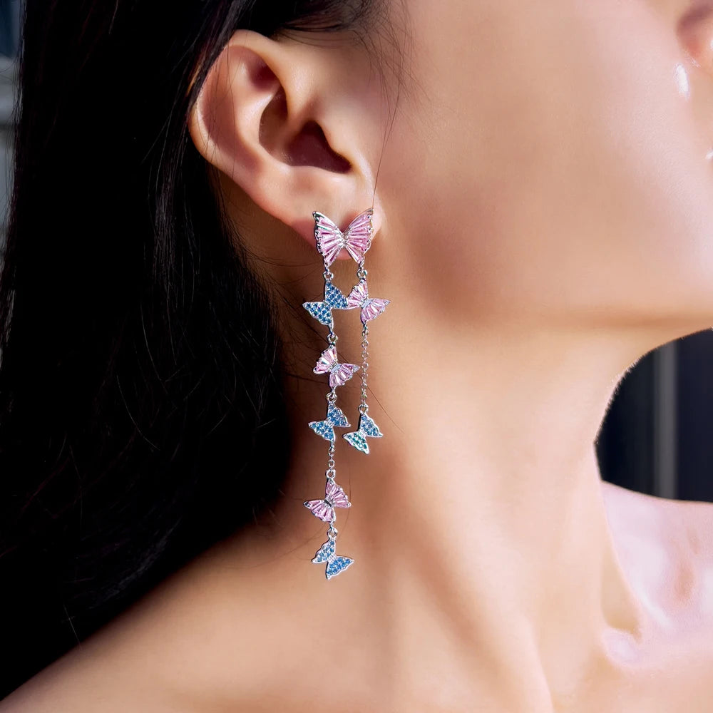 Luxury Pink Blue Cubic Zirconia Extra Long Tassel Drop Dangle Butterfly Earrings for Women Banquet Party Wear - EUFASHIONBAGS