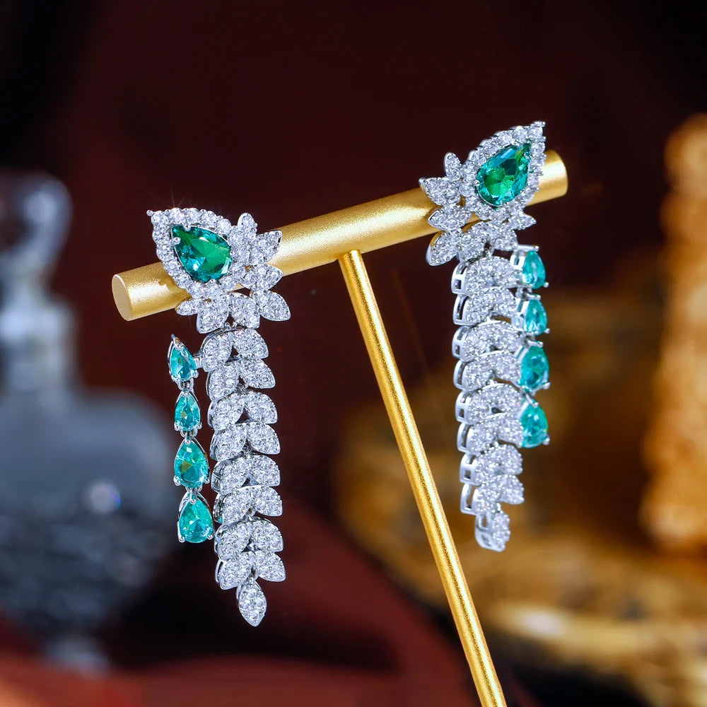 Dangling Leaf Drop Green Cubic Zirconia Luxury Long Earrings for Women Beautiful Wedding Banquet Party Jewelry - EUFASHIONBAGS