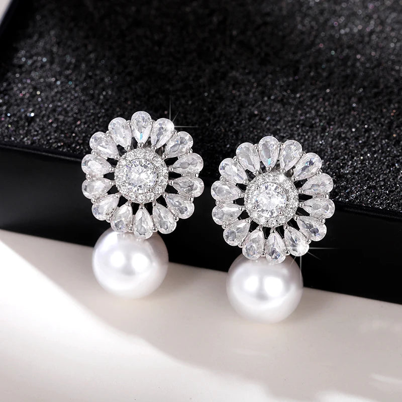 Fashion Bride Simulated Pearl Dangle Earrings Aesthetic Sparkling Cubic Zirconia Earrings Luxury Women Jewelry for Party