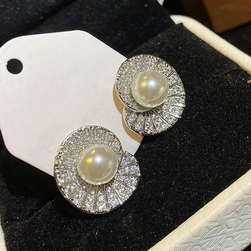 Full Bling Iced Out CZ Imitation Pearl Stud Earrings for Women Modern Fashion Design Aesthetic Bridal Wedding New Jewelry - EUFASHIONBAGS