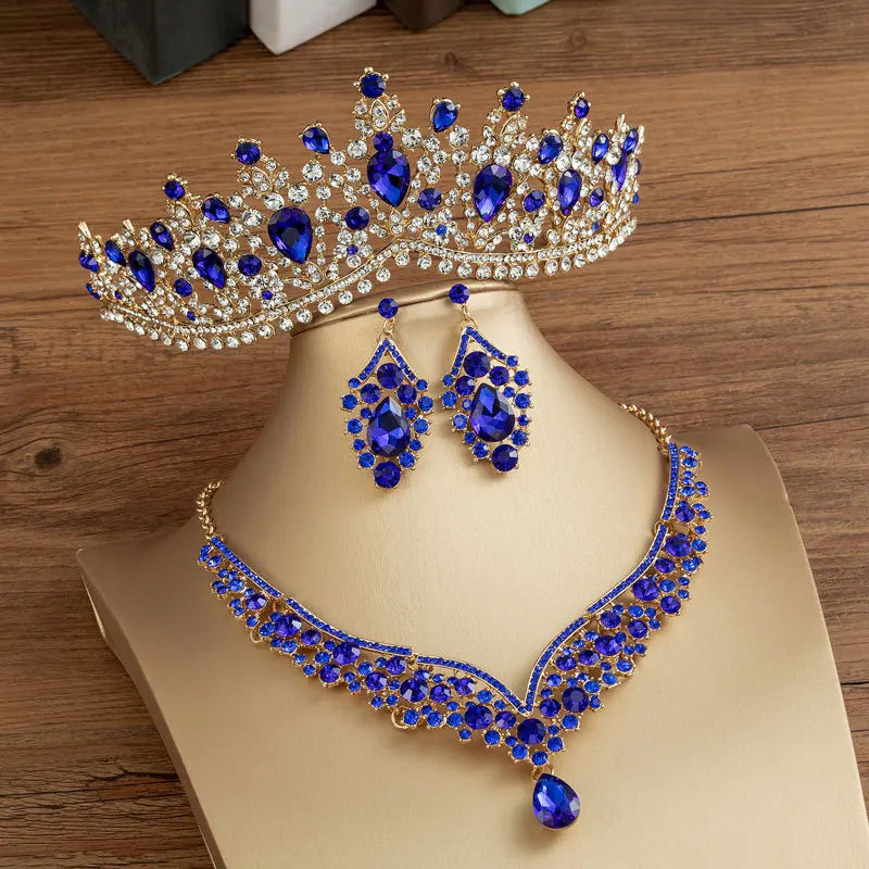 Baroque Crystal Water Drop Bridal Jewelry Sets Rhinestone Tiaras Crown Necklace Earrings for Bride Wedding Dubai Jewelry Set - EUFASHIONBAGS