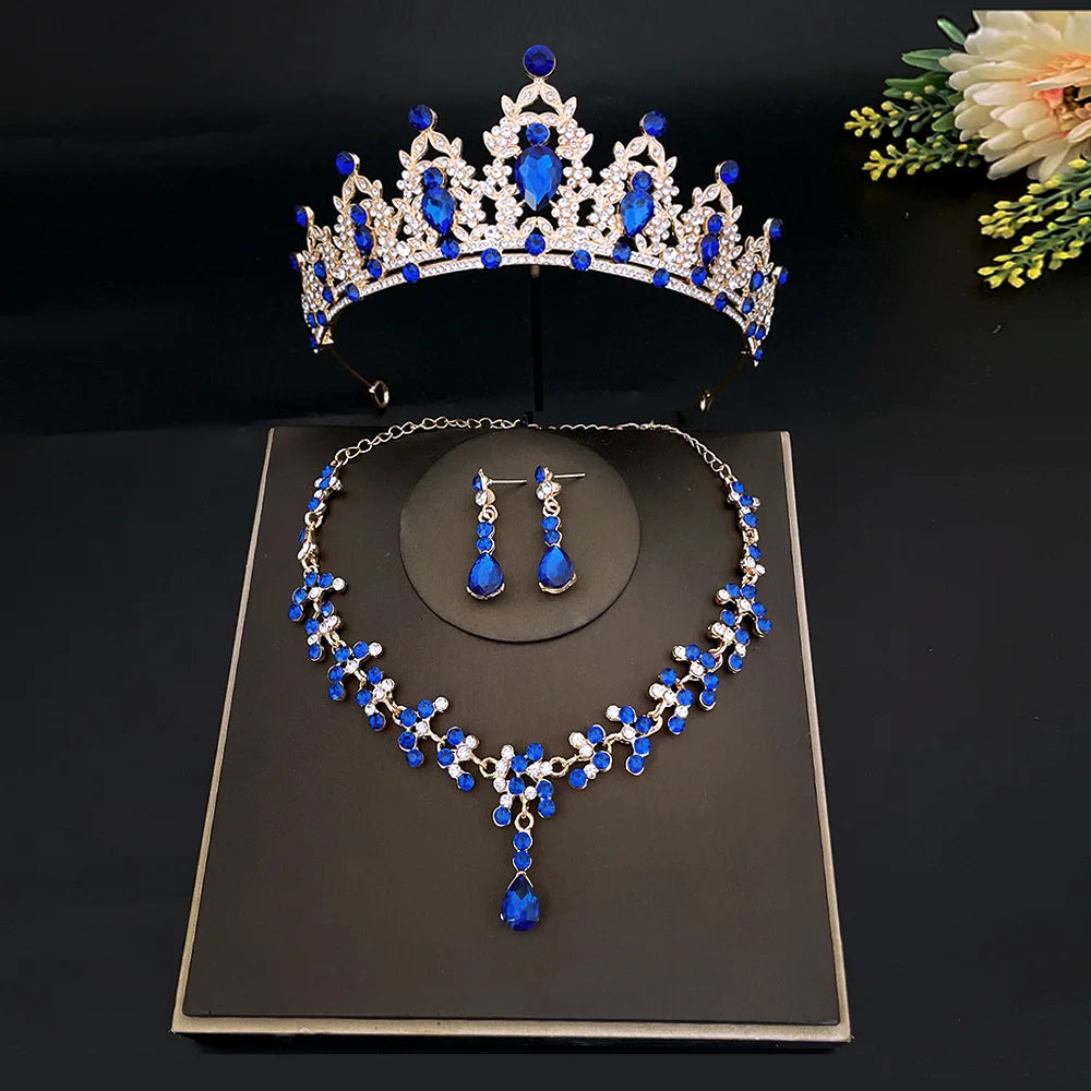 Fashion Crystal Tiaras Crowns Bride Wedding Jewelry Set Rhinestone Crown Necklace Earring For Women Accessories Diadem Headdress - EUFASHIONBAGS