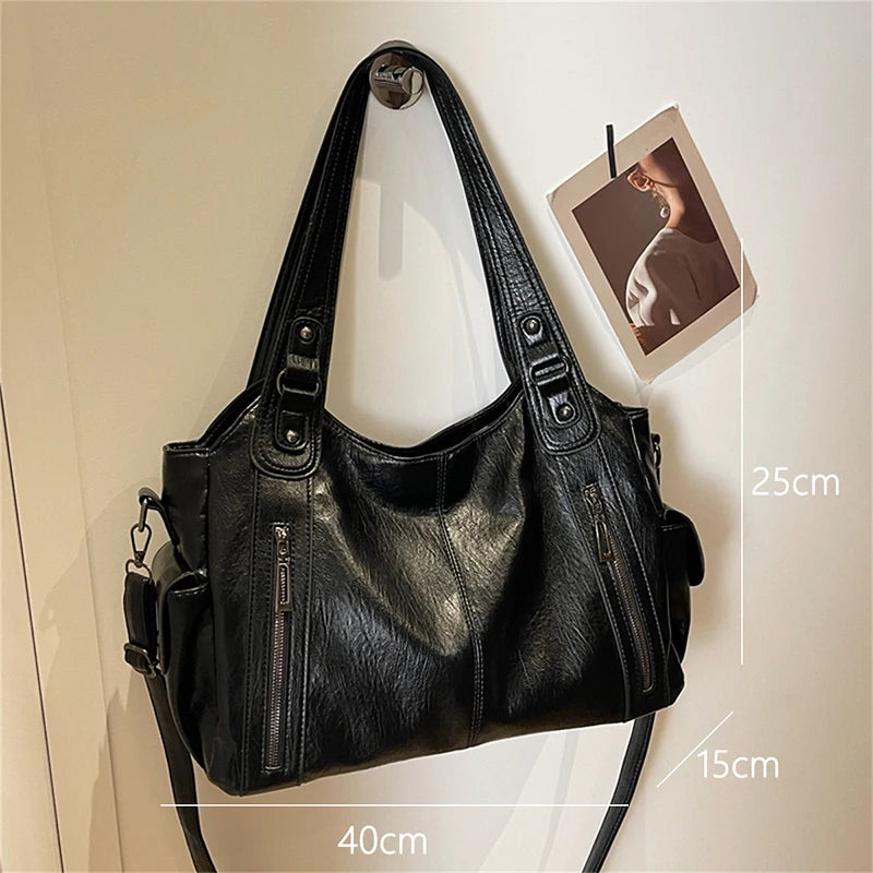 Two Layer Large Shopping Bag Women's Handbag High Quality Soft Leather Tote Bags Fashion Retro Female Shoulder Bolsas - EUFASHIONBAGS