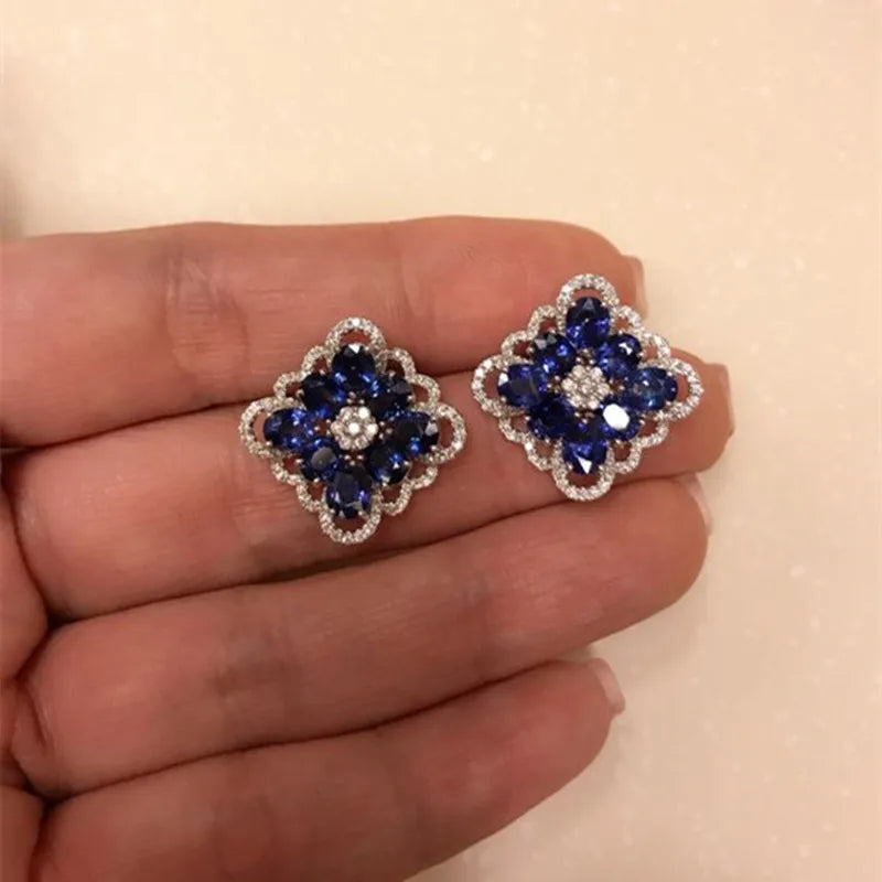 Blue CZ Earrings Women Engagement Wedding Anniversary Party Elegant Lady's Ear Stud Accessories Fashion Jewelry - EUFASHIONBAGS