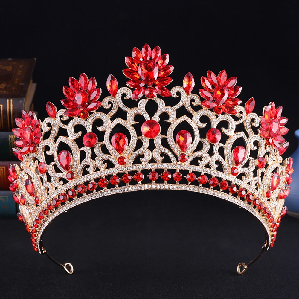 Royal Queen Wedding Crown Diadem Women Large Red Crystal Banquet Tiaras Headpiece Bridal Party Costume Hair Jewelry Accessories - EUFASHIONBAGS