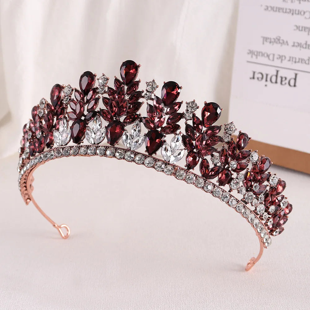 Baroque Retro Forest Wine Red Crystal Diadem Leaf Tiaras Royal Queen Bridal Crown Luxury Wedding Dress Hair Costume Accessories - EUFASHIONBAGS