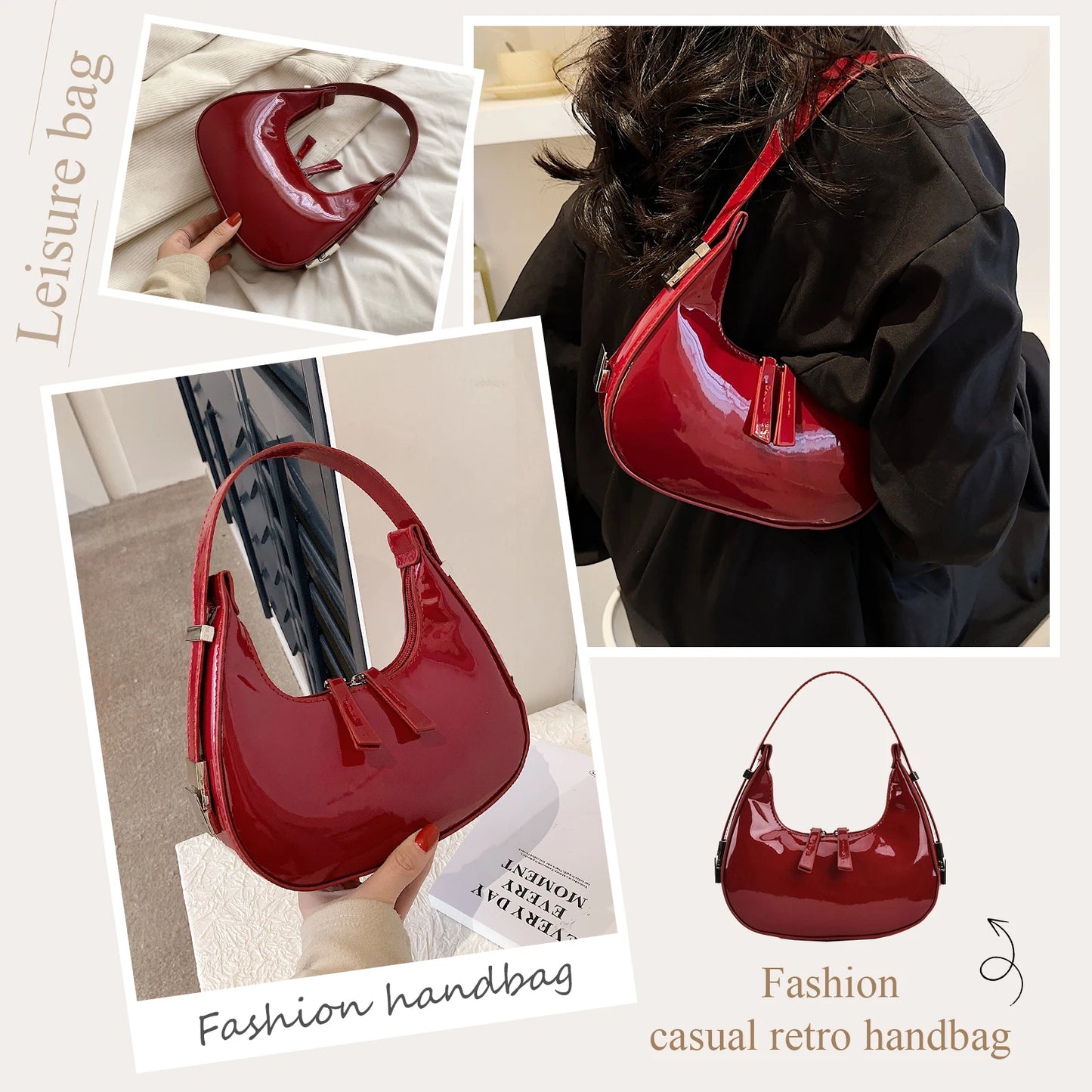 Half Moon Bag Vintage PU Leather Small Shoulder Bag for Women Girls Hobo Handbag Luxury Retro Red Ladies Armpit Purses Totes - EUFASHIONBAGS