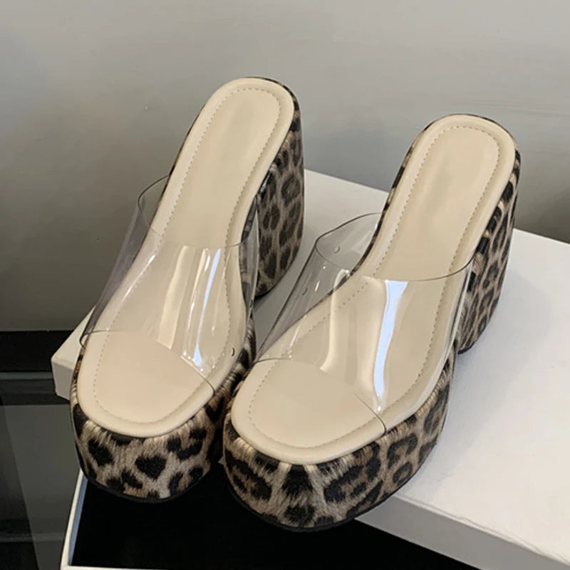 Summer Leopard Print Slippers For Women High Heels Fashion Open Toe Platform Sandals PVC Transparent Shoes Female Slides