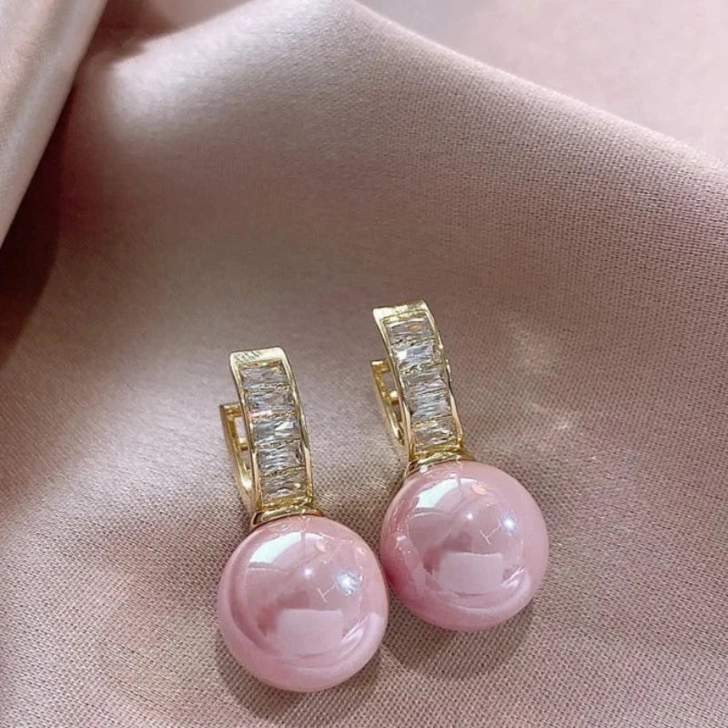 White/Pink Round Imitation Pearl Earrings for Women Gold Color Temperament Lady's Accessory Wedding Party Trendy Jewelry