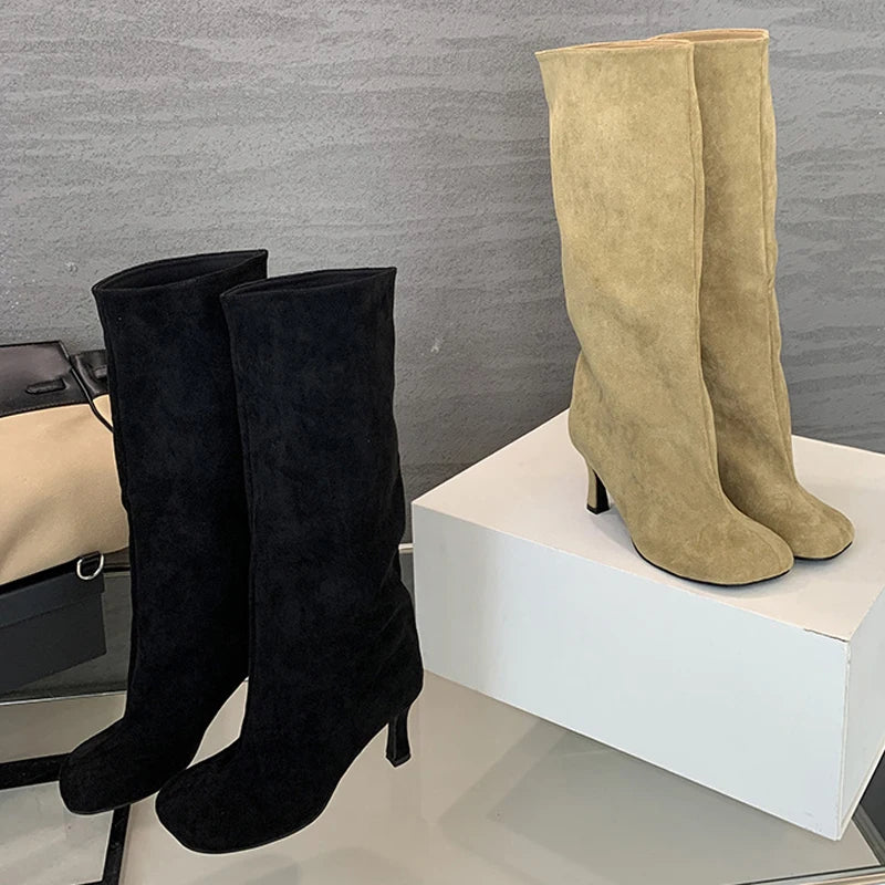 Fashion Square Toe Motorcycle Knee High Boots Women Autumn Winter Low Thin Heels Shoe Long Booties Zapatos De Mujer - EUFASHIONBAGS