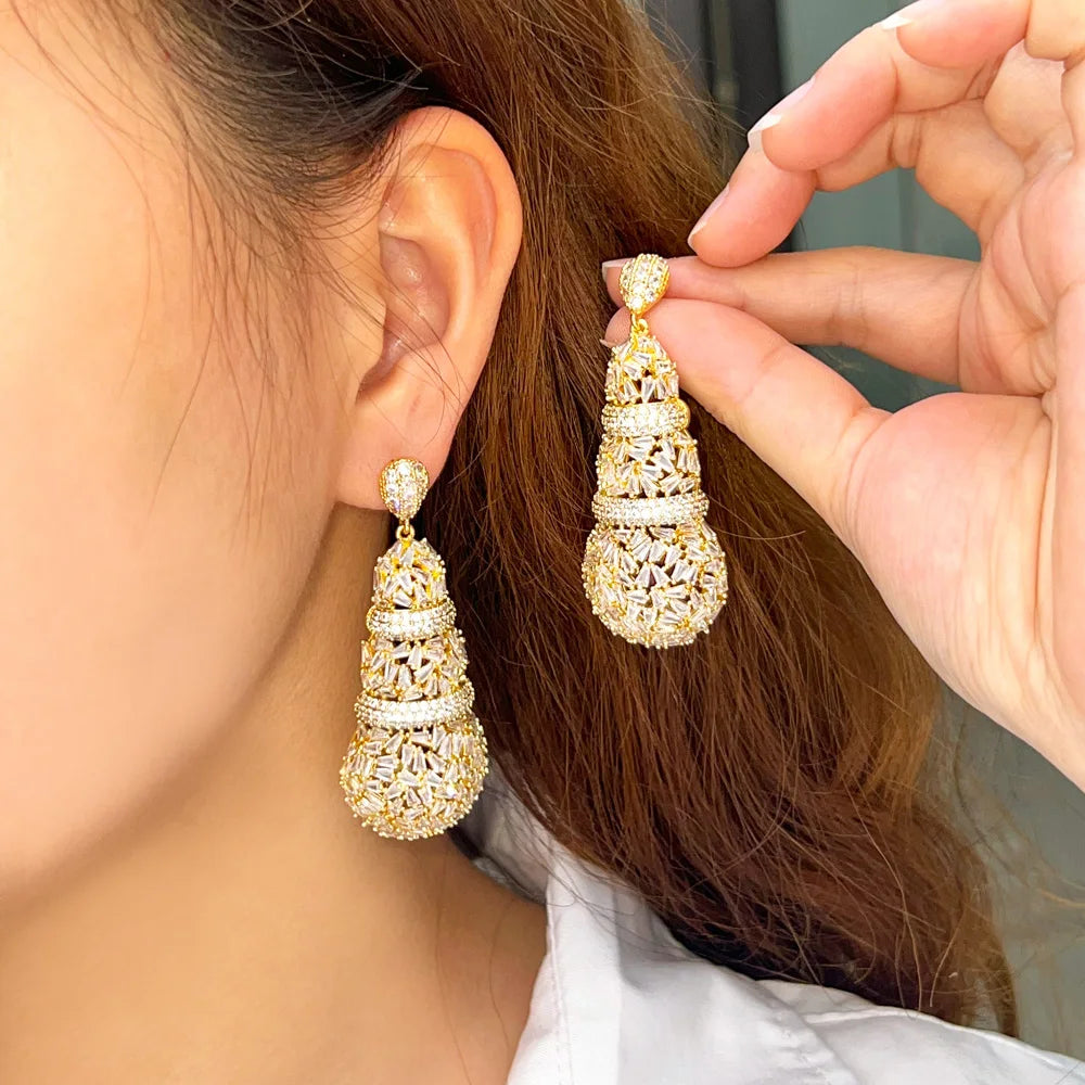 Shiny Chunky Cubic Zirconia Pave Big Luxury Statement African Dubai Gold Plated Long Wedding Earrings for Women - EUFASHIONBAGS