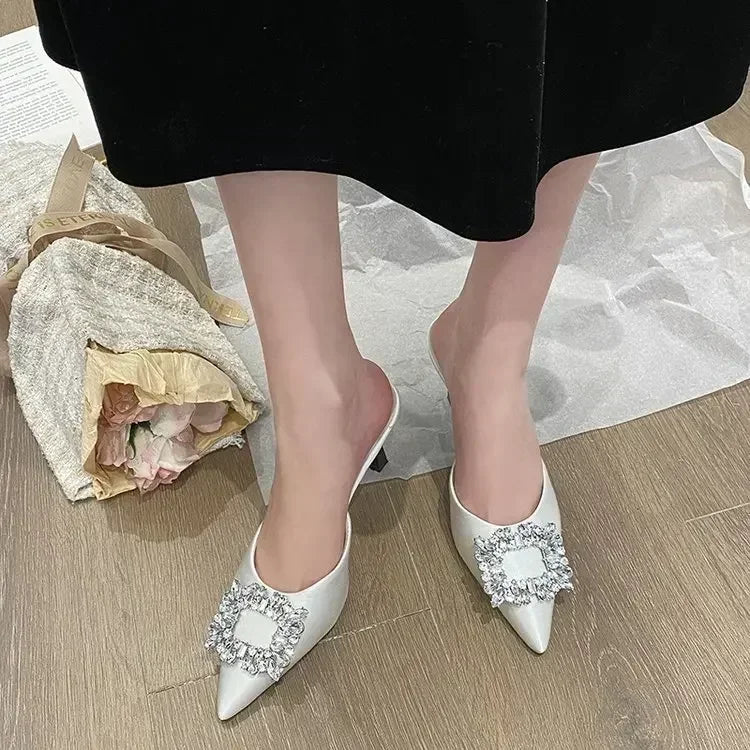 Crystal Square Button Mules Slippers Women Summer Pointed Toe High Heels Dress Shoes Slide Fashion Slingback Sandals Women Pumps