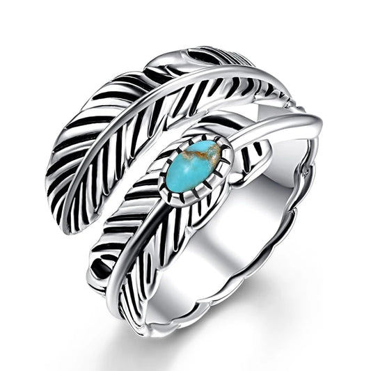 Personality Feather Shape Opening Rings for Women Anti Silver Color Imitation Turquoise Vintage Female Ring Party Jewelry