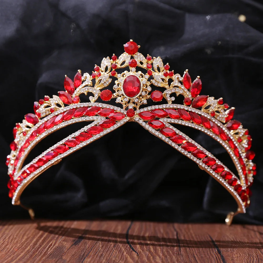 Baroque Gold Color Red Crystal Bridal Tiaras Crowns Rhinestone Pageant Diadem Women Headpieces Wedding Hair Accessories Jewelry