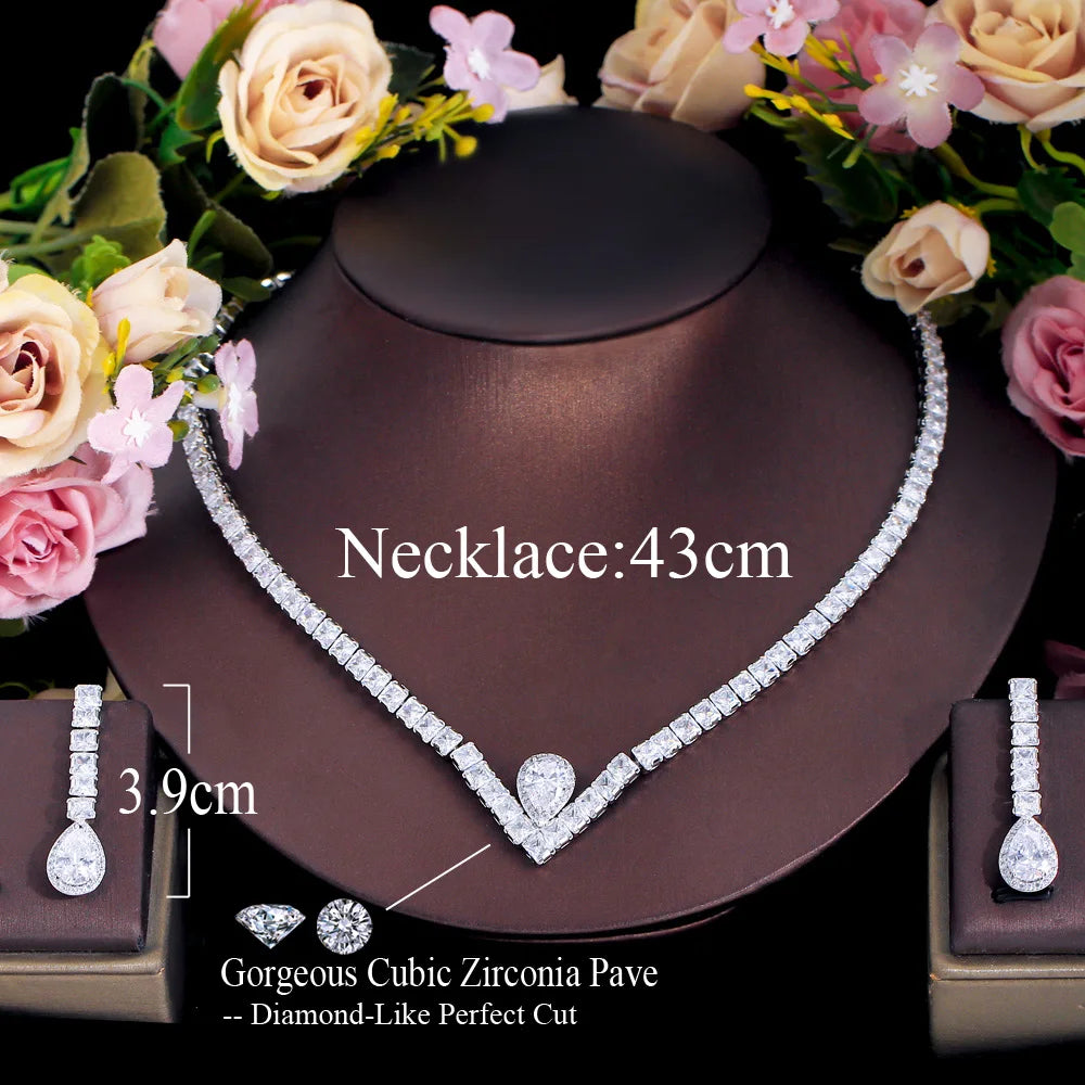 Water Drop Cubic Zirconia Pave V Shape Women Wedding Party Necklace Earrings Jewelry Sets for Brides