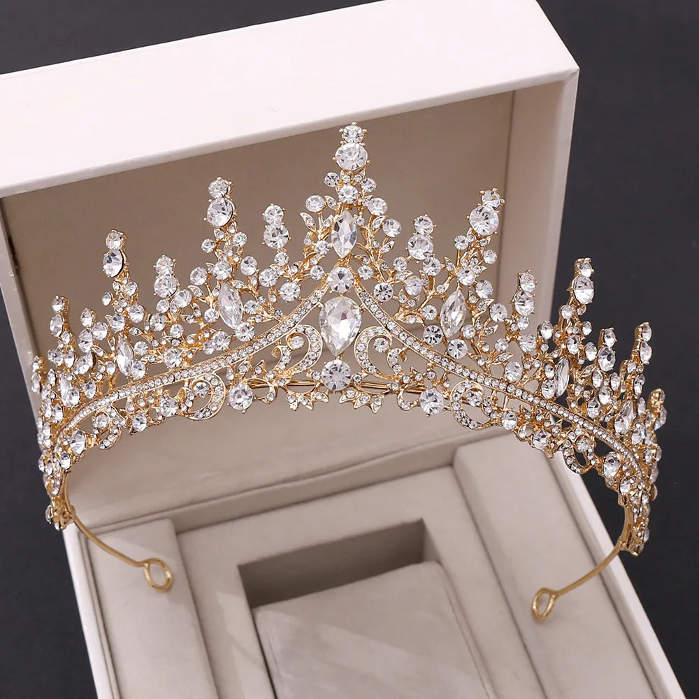 Baroque Korean Gold Color Crystal Crown Hair Accessories Luxury Rhinestone Tiara For Women Wedding Headdress Bridal Hair Jewelry