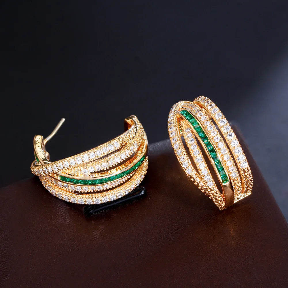 Multiple Geometric Twist Round Green Cubic Zirconia Hoop Earrings for Women Brazilian Gold Plated CZ Jewelry