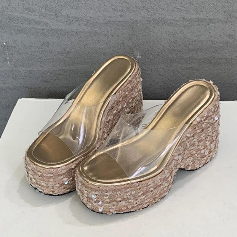 Summer Fashion PVC Transparent Women Slippers Sequined Platform Wedges High Heels Shoes Sexy Peep Toe Sandals Ladies Gold