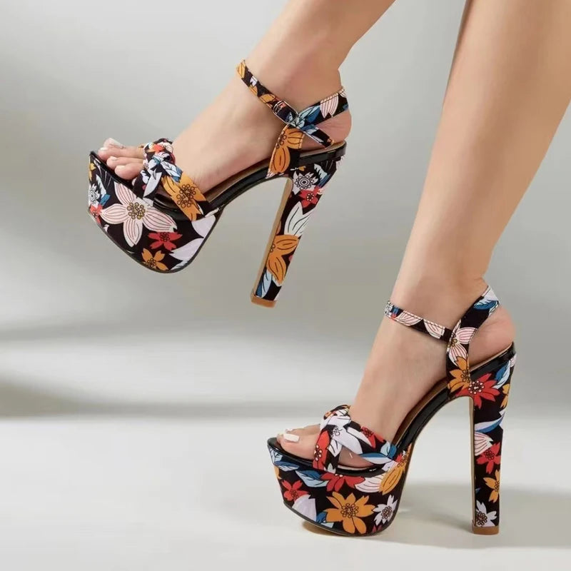 Mixed Colors Flowers Print Platform Sandals Women Weave Narrow Band Open Toe 14CM Super High Heels Party Banquet Shoes - EUFASHIONBAGS