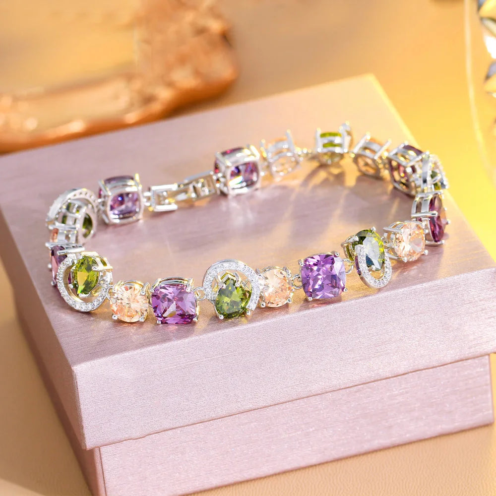 Genuine Cubic Zirconia Sparkling Purple Olive Green CZ Stone Charm Female Engagement Party Bracelets Jewellery