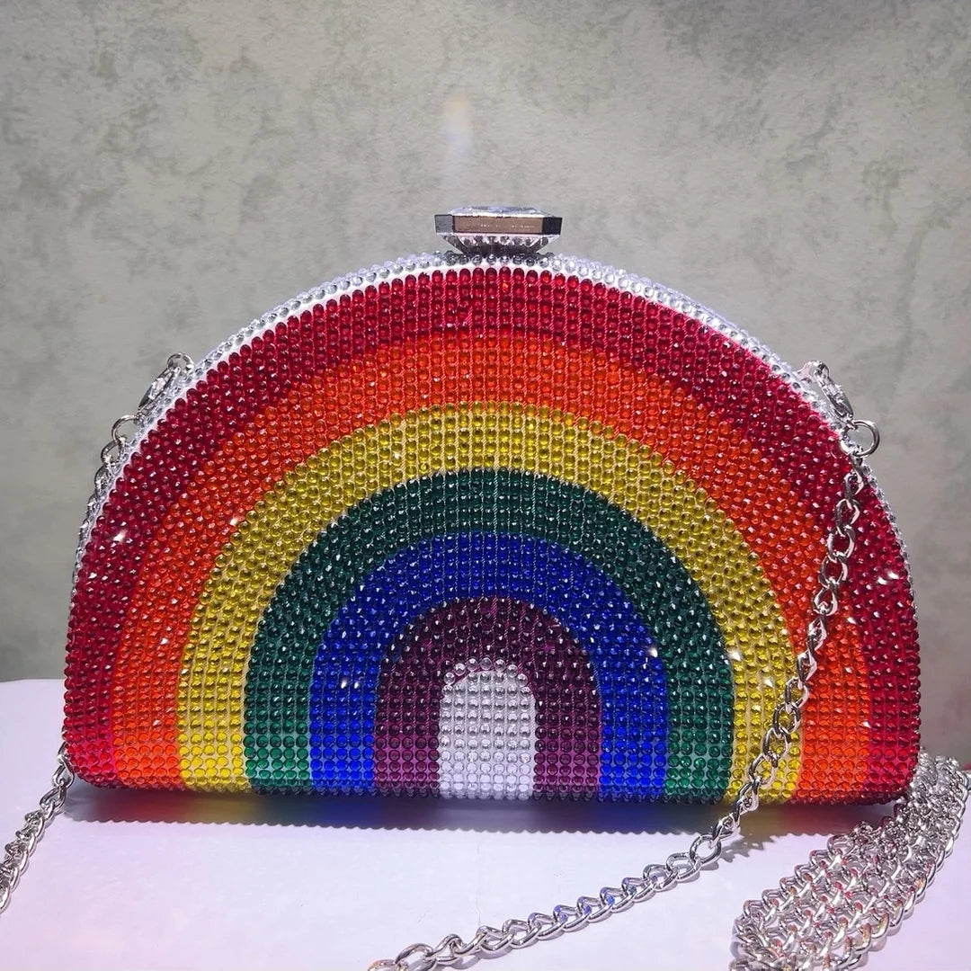 Rainbow Color Crystal Evening Clutch Bags Wedding Party Chain Bag Women Boutique Half Moon Rhinestone Purses And Handbags