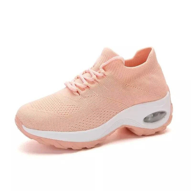 Women Tennis Shoes Air Cushion Red Sports Shoes High Heels Mesh Lace-up Female Sock Footwear Outdoor Thick Bottom Women Sneakers - EUFASHIONBAGS