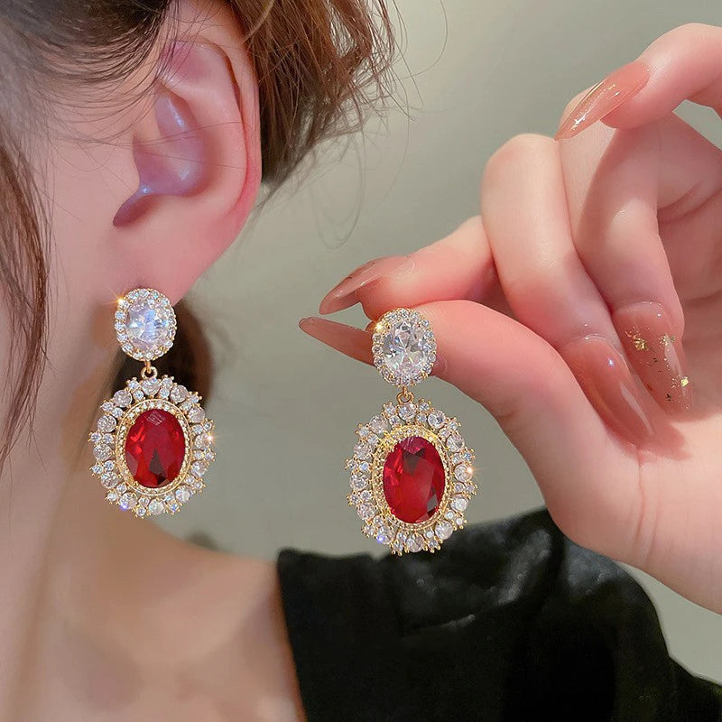 Aesthetic Gold Color Red CZ Hanging Earrings for Women Full Bling Iced Out Wedding Party Luxury Accessories Trend Jewelry - EUFASHIONBAGS