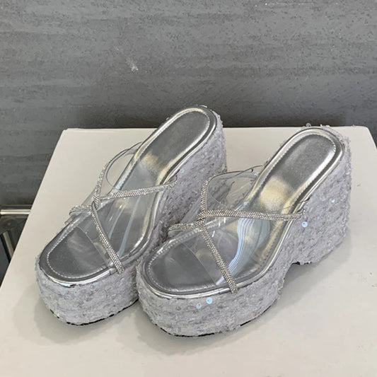 Summer Wedges Shoes For Women Platform Slippers Fashion Crystal Rhinestone High Heels Square Toe PVC Transparent Sandals