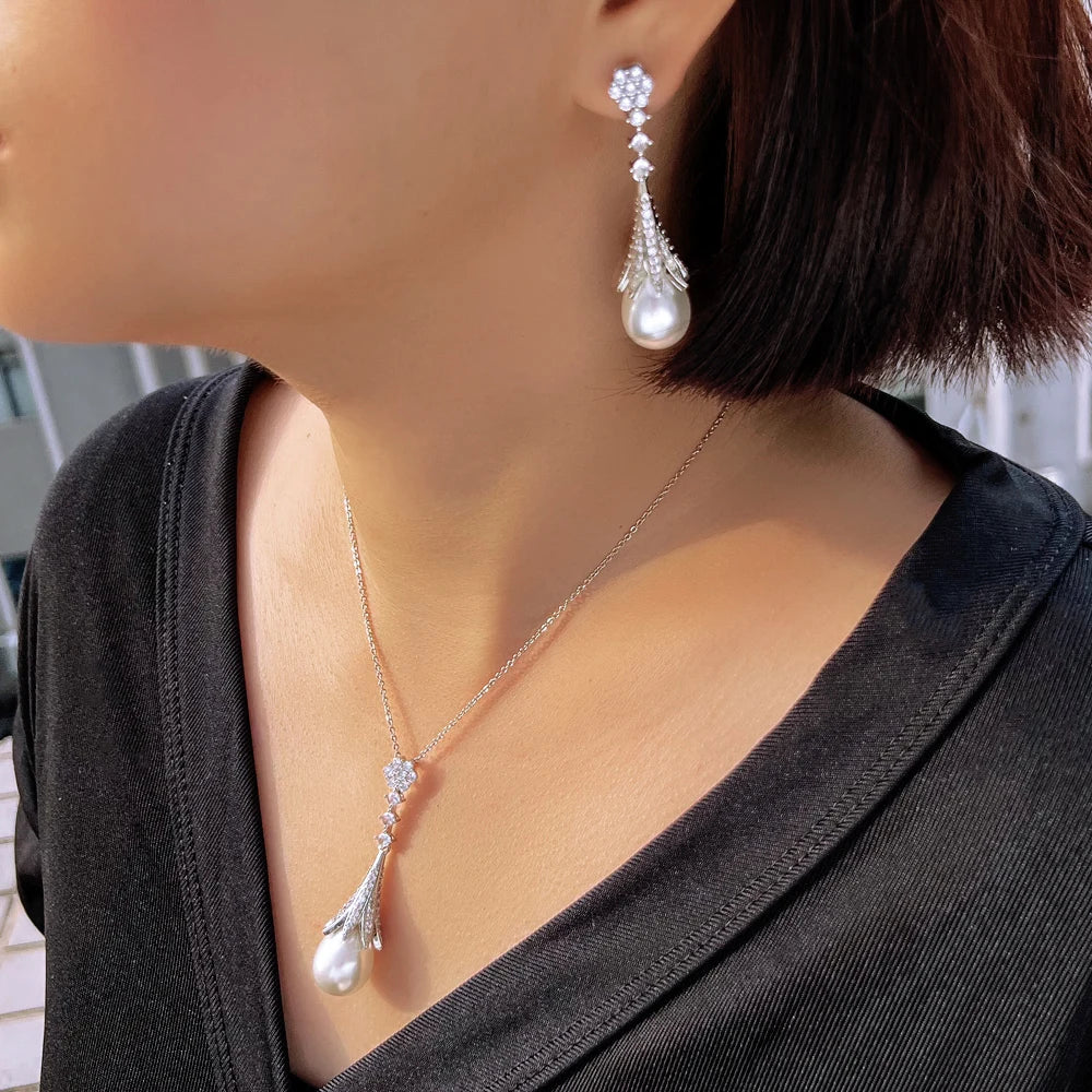 Chic White Cubic Zircon Long Dangle Drop Leaf Pearl Pendant Necklcae and Earrings Women Daily Party Jewelry Set - EUFASHIONBAGS