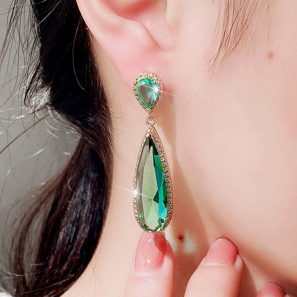 Green/Purple Long Water Drop Shape CZ Earrings for Women Temperament Elegant Lady's Dangle Earrings Wedding Love Jewelry - EUFASHIONBAGS