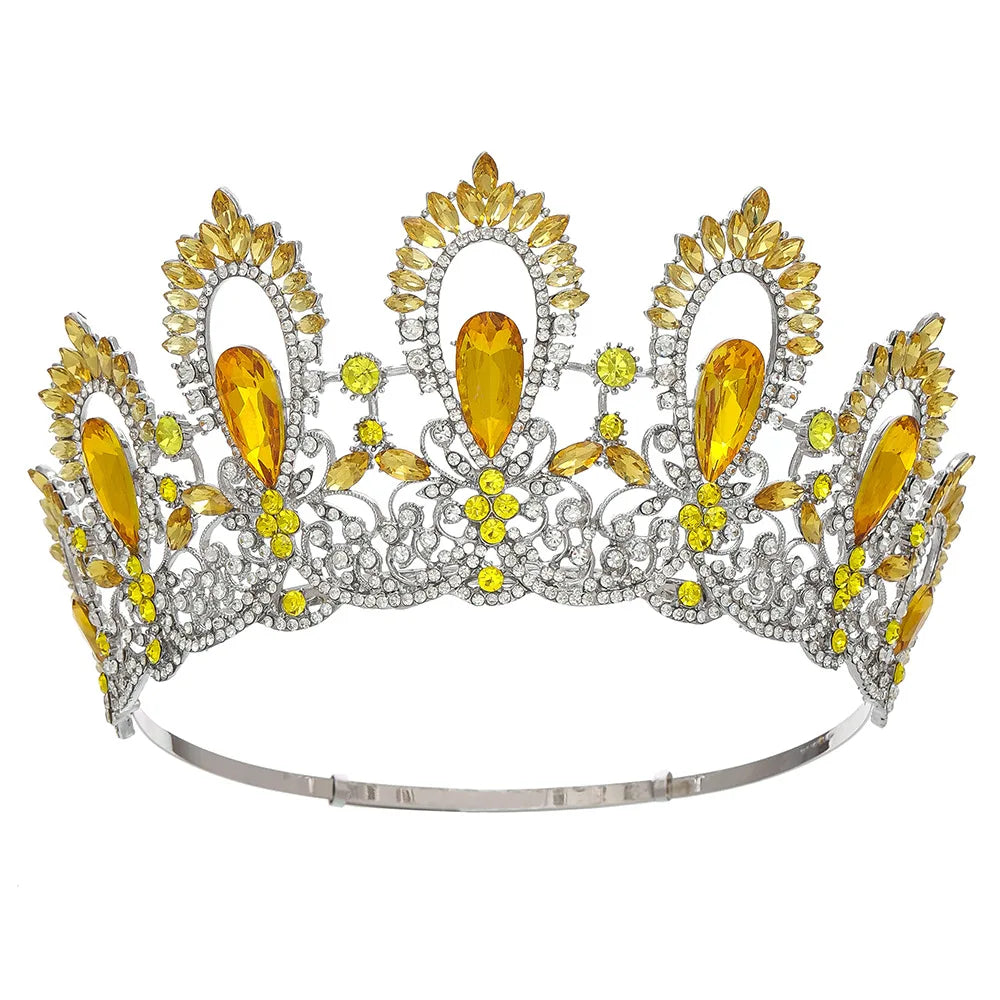 Baroque Miss Universe Crystal Feather Round Bridal Tiaras Crowns Royal Queen Rhinestone Pageant Diadem Wedding Hair Accessories - EUFASHIONBAGS