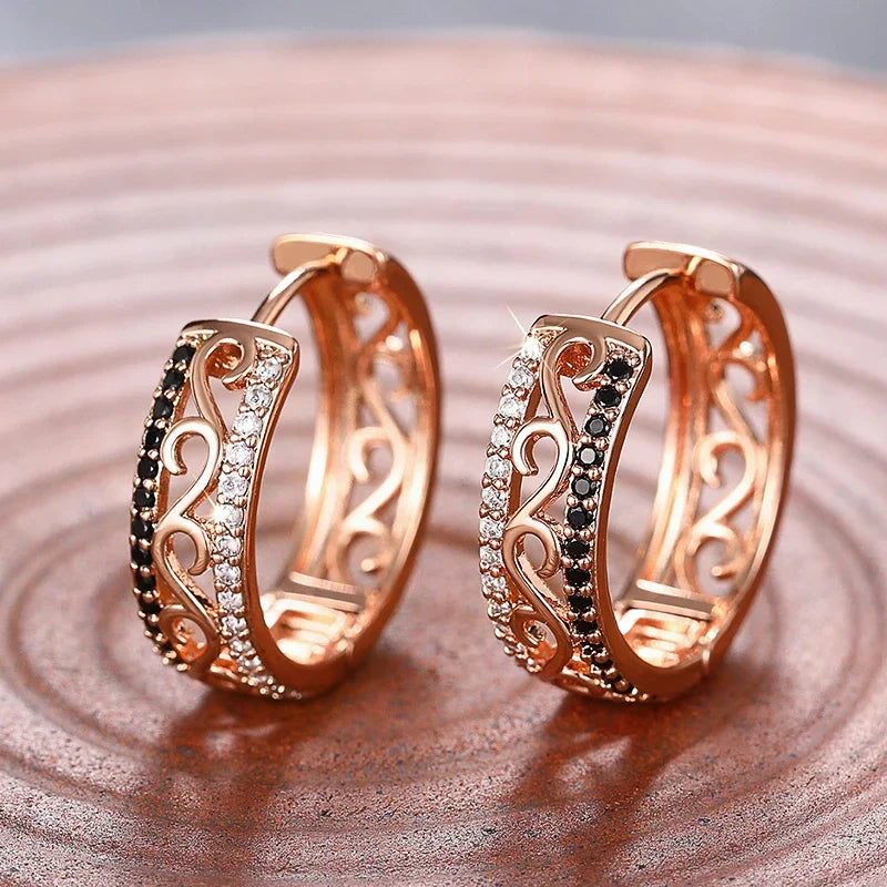 White/Black CZ Rose Gold Color Hoop Earrings for Women Hollow Out Pattern Aesthetic Female Earrings Wedding Trend Jewelry - EUFASHIONBAGS