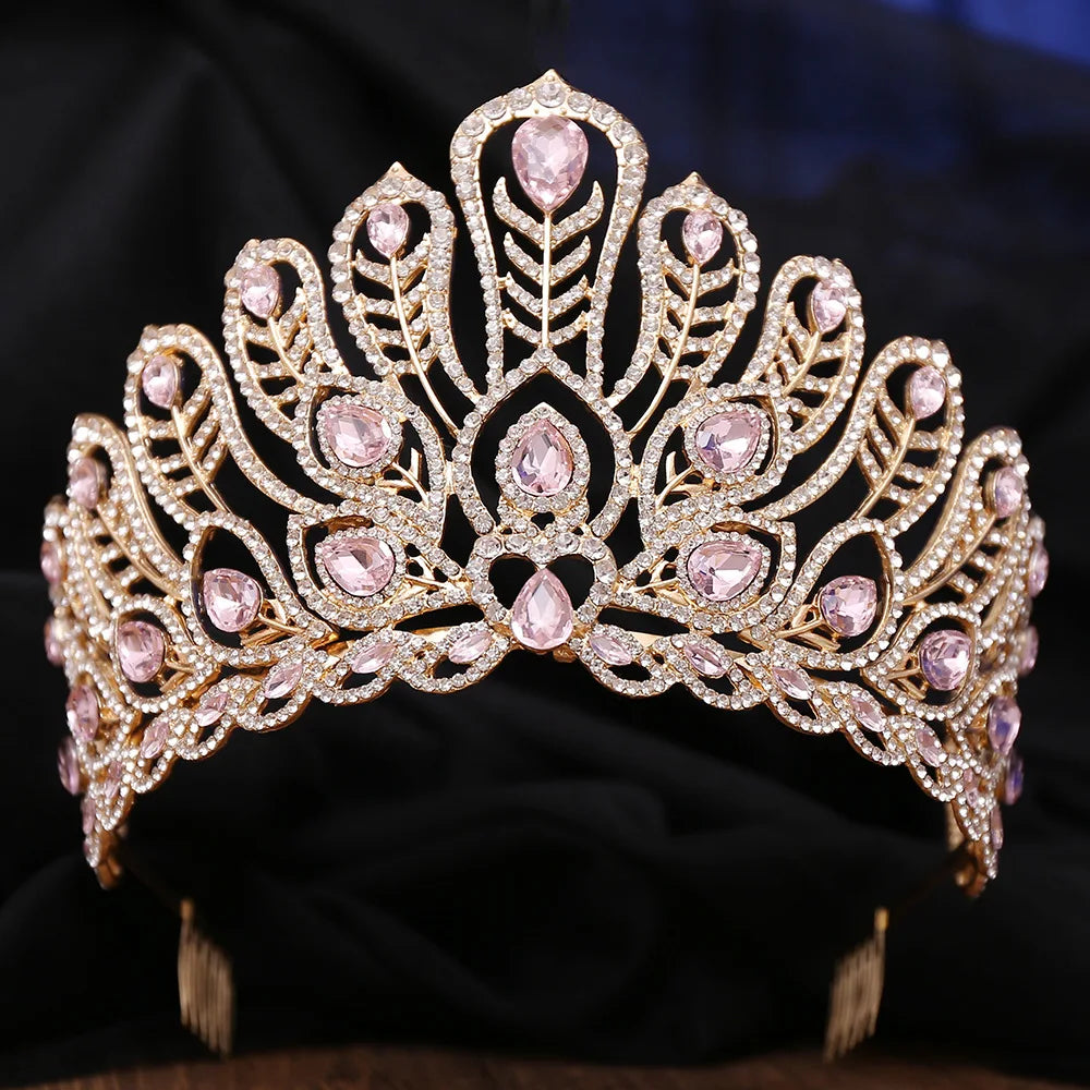 Luxury Royal Queen Rhinestone Wedding Crown Combs for Women Green Crystal Banquet Tiaras Party Costume Hair Jewelry Accessories - EUFASHIONBAGS