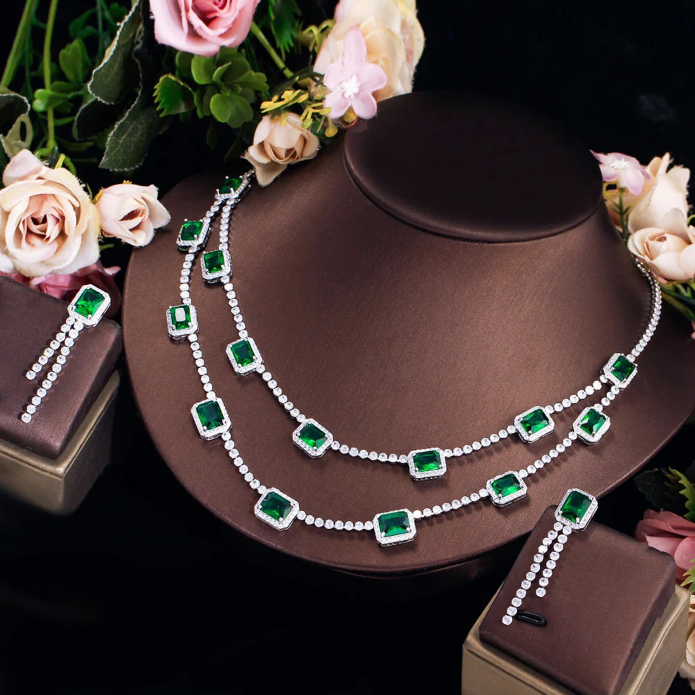 Luxury Green Square Cubic Zircon Double Layered Necklace Earrings Wedding Bridal Jewelry Sets Dress Accessories - EUFASHIONBAGS