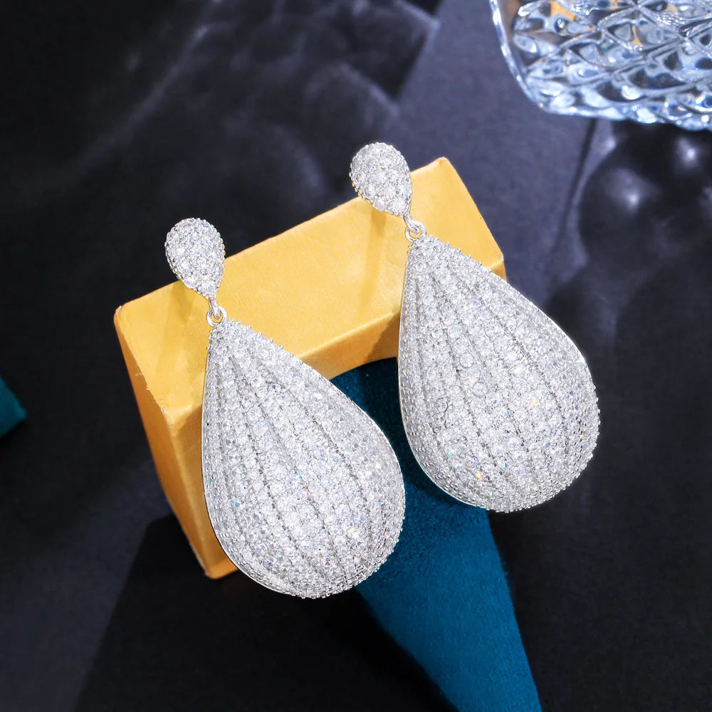 Shiny Full Cubic Zirconia Pave White Gold Color Long Dangling Big Water Drop Earring for Brides Wedding Pageant - EUFASHIONBAGS