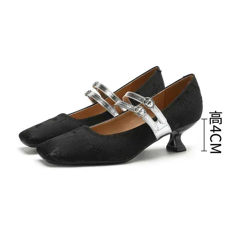 2025 New Designer High Heels Women Silk Square Toe Elegant Dress Shoes Female Comfort Fashion Belt Buckle Low Heel Shoes Women