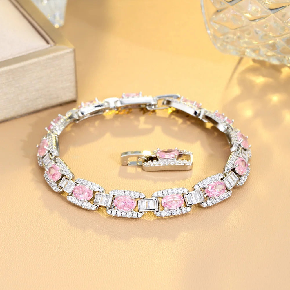 5A Quality Pink Cubic Zirconia Chic Luxury Cuban Chain Link Bracelets for Women CZ Party Engagement Jewelry - EUFASHIONBAGS