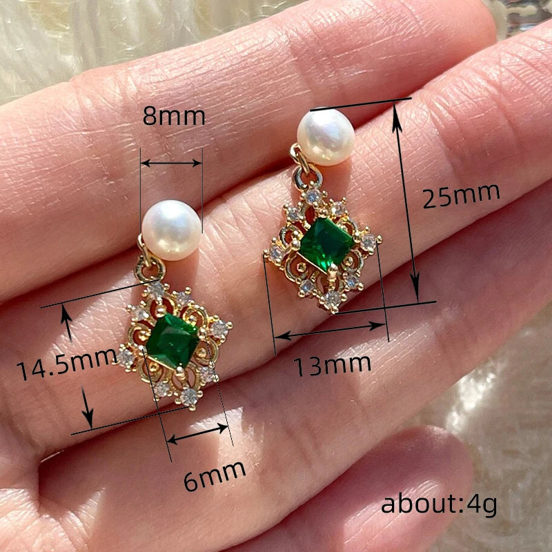 Green Cubic Zirconia Drop Earrings for Women Removable Imitation Pearl Earrings Two Wear Ways Creative Jewelry