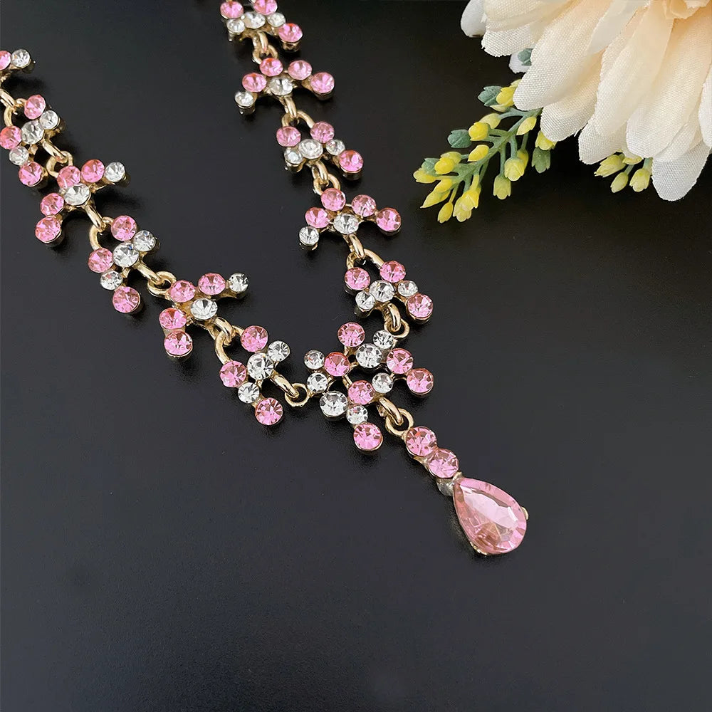 Baroque Pink Purple Crystal Bridal Wedding Jewelry Sets Women Gold Color Rhinestone Necklace Long Earrings Set Dress Accessories - EUFASHIONBAGS