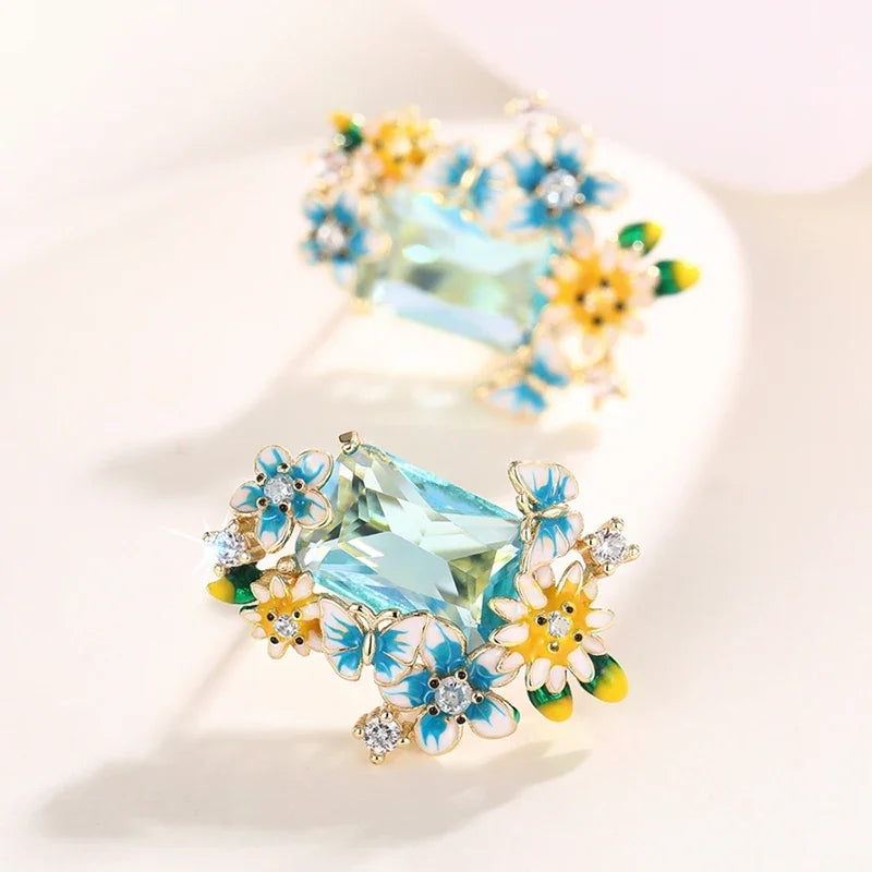 Blue Yellow Flowers Enamel Earrings with Big Sky Blue CZ Aesthetic Drop Earrings for Women Wedding Party Unique Jewelry - EUFASHIONBAGS