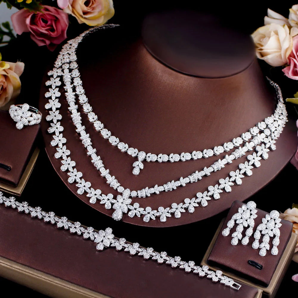 4pcs Full Luxury Multi Layered Triple Big Necklace Dubai Nigerian Heavy CZ Wedding Jewelry Sets for Brides