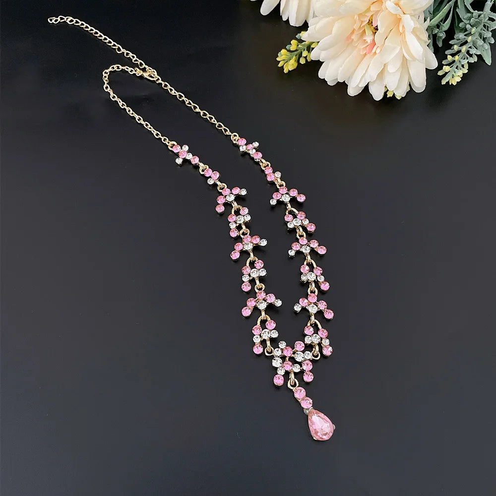 Baroque Pink Purple Crystal Bridal Wedding Jewelry Sets Women Gold Color Rhinestone Necklace Long Earrings Set Dress Accessories - EUFASHIONBAGS