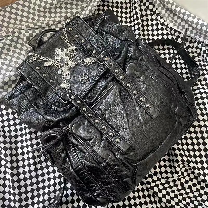 Grunge Rivet Y2k Backpack Women Gothic Subculture Punk Cross Black Mochila Vintage Backpacks Aesthetic - EUFASHIONBAGS