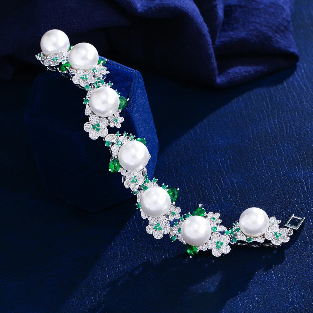 Luxury Green Cubic Zirconia Cluster Flower Wedding Engagement Bridal Big Pearl Bracelets for Women - EUFASHIONBAGS