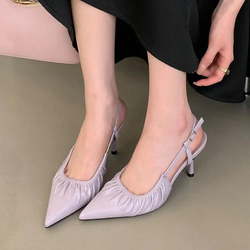 Pleated Sexy Pointed Toe Sandals Women Fashion Elegant Slingbacks Office Shoes Ladies Footwear Shallow High Heels Women Pumps