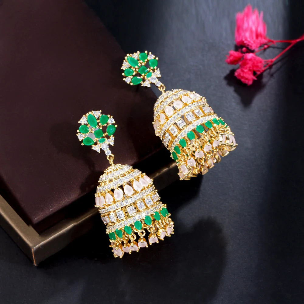 New Indian Trendy Round Shape Gold Plated Multicolor CZ Bell Long Earring for Women Luxury Dubai Bridal Jewelry - EUFASHIONBAGS