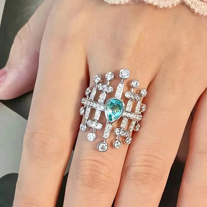 Geometric Rings with Pear Green CZ for Women Wide Band Female Accessories Wedding Trend Jewelry - EUFASHIONBAGS