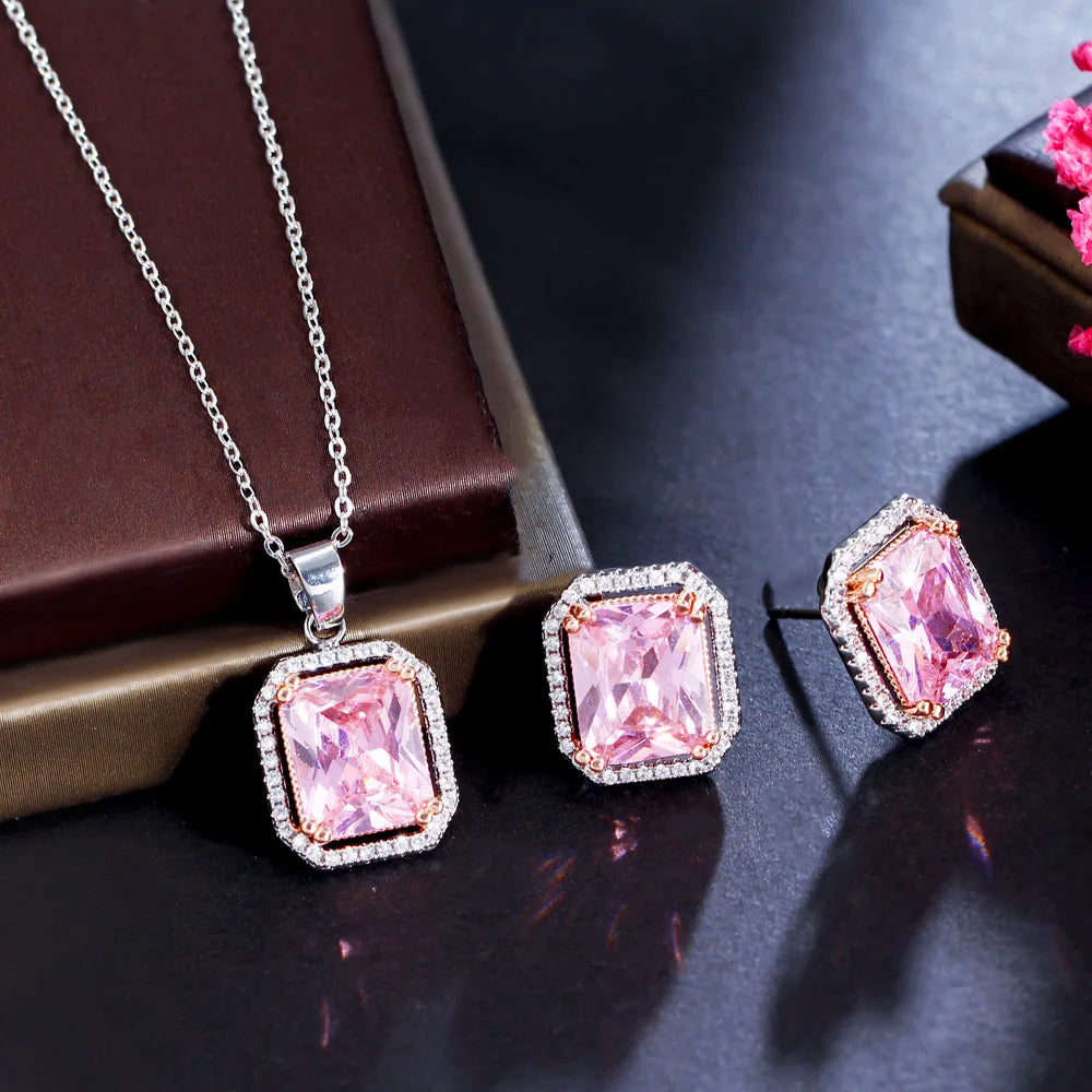 Bling Pink Cubic Zirconia Crystal Rectangle Pendant Necklace and Earrings New Trendy Women Jewelry Sets Gift - EUFASHIONBAGS