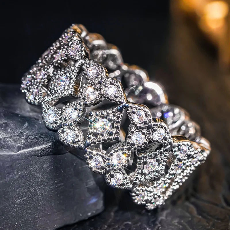 Luxury Hollow-out Pattern Ring with Shiny Cubic Zirconia Sweet Brilliant Finger Accessories Charms Trendy Wedding Jewelry - EUFASHIONBAGS